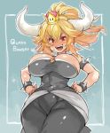  1girl bare_shoulders blonde_hair blue_eyes bowser bowsette bracelet breasts collar crown dress genderswap genderswap_(mtf) horns jewelry large_breasts super_mario_bros. new_super_mario_bros._u_deluxe nintendo ponytail sachito spiked_bracelet spiked_collar spikes super_crown super_mario_bros. 