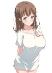 1girl arm_behind_back blush brown_eyes brown_hair hand_up large_breasts long_hair looking_at_viewer nakasima-syouta original shirt simple_background smile solo standing white_background white_shirt