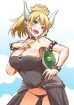  1girl :d bare_shoulders black_dress black_panties blonde_hair blue_eyes blue_sky blush borrowed_design bowser bowsette bracelet breasts cleavage clouds collar crown day dress earrings empty_eyes eyebrows_visible_through_hair genderswap genderswap_(mtf) hand_on_hip hand_on_own_chest hand_up horns jewelry large_breasts nekoi_hikaru new_super_mario_bros._u_deluxe open_mouth outdoors panties pointy_ears ponytail sketch sky smile solo spiked_bracelet spiked_collar spiked_shell spikes super_crown thick_eyebrows underwear 