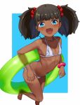  1girl :d bangs bikini black_hair blue_eyes commentary_request dark_skin fang flat_chest hai_ookami hair_ornament hair_scrunchie highres holding holding_innertube innertube looking_at_viewer medium_hair open_mouth original outside_border red_scrunchie scrunchie shiny shiny_hair side-tie_bikini side-tie_bottom simple_background smile solo standing standing_on_one_leg swimsuit tan tareme twintails white_bikini 