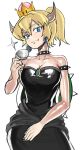  1girl black_dress blonde_hair blue_eyes bowsette breasts crown cup dress earrings eyebrows eyebrows_visible_through_hair fang hair_ornament highres horns jewelry looking_at_viewer super_mario_bros. nintendo pendant ponytail shell short_hair simple_background sitting solo super_mario_bros. teacup white_background 