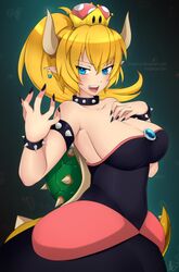  1girl alina_pegova armlet bare_shoulders black_dress blonde_hair blue_eyes blush bowser bowsette bracelet breasts collar comic crown dress genderswap genderswap_(mtf) horns jewelry large_breasts super_mario_bros. nail_polish new_super_mario_bros._u_deluxe nintendo ponytail sharp_teeth spiked_bracelet spiked_collar spikes super_crown super_mario_bros. tail teeth turtle_shell 