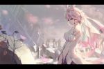  1girl animal_ears asa_ni_haru benghuai_xueyuan blurry cherry_blossoms depth_of_field flower highres honkai_impact letterboxed looking_at_viewer outdoors pink_eyes pink_hair rabbit_ears rose ruins solo veil yae_sakura_(benghuai_xueyuan) 