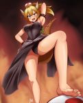  &gt;:o 1girl absurdres anger_vein armlet armpits bare_legs bare_shoulders barefoot black_leotard black_skirt blonde_hair blue_eyes bowser bowsette bracelet breasts collar crown dress fangs from_below gem genderswap genderswap_(mtf) hand_on_hip highres horns izuthree jewelry large_breasts leotard long_hair looking_at_viewer super_mario_bros. new_super_mario_bros._u_deluxe nintendo open_mouth ponytail skirt solo spiked_bracelet spiked_collar spikes stepped_on strapless strapless_dress super_crown super_mario_bros. tail turtle_shell 