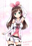  1girl a.i._channel arm_up armpits bangs brown_hair character_name collarbone contrapposto cowboy_shot detached_sleeves eyebrows_visible_through_hair floating_hair green_eyes hairband heart highres kizuna_ai long_hair midriff navel omoomomo pink_hairband shiny shiny_hair shirt short_shorts shorts sleeveless sleeveless_shirt smile solo standing stomach swept_bangs thigh-highs very_long_hair virtual_youtuber white_legwear white_shirt white_shorts zettai_ryouiki 