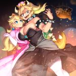  2girls aircraft airship armlet bare_shoulders black_dress blonde_hair blue_eyes blush bowsette bracelet breasts brooch cleavage collar commentary crown dress earrings elbow_gloves genderswap genderswap_(mtf) gloves horns jewelry large_breasts long_hair looking_at_another looking_down super_mario_bros. multiple_girls new_super_mario_bros._u_deluxe nintendo open_mouth pink_dress princess_peach sharp_teeth shell spiked_bracelet spiked_collar spiked_shell spikes super_crown super_mario_bros. tail teeth white_gloves yana_(nekoarashi) 