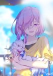  1girl ;d animal blurry blurry_background clouds collarbone day fate/grand_order fate_(series) fou_(fate/grand_order) hair_over_one_eye holding holding_animal looking_at_viewer mash_kyrielight one_eye_closed open_mouth outdoors purple_hair ribbon shirt short_hair short_sleeves sky smile solo upper_body violet_eyes yeh_(354162698) yellow_ribbon yellow_shirt 