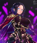  &gt;:| 1girl :| armor bettle_(b_s_a_n) black_background black_hair blue_eyes breasts cape closed_mouth covered_navel epaulettes gauntlets hikage_(sennen_sensou_aigis) large_breasts looking_at_viewer red_cape sennen_sensou_aigis solo standing 