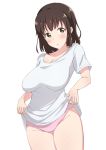  1girl bad_anatomy blush breasts brown_eyes brown_hair cleavage large_breasts lifted_by_self medium_hair nakasima-syouta original panties pink_panties shirt short_sleeves solo standing t-shirt underwear white_background white_shirt 