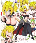  1boy 1girl black_legwear blonde_hair borrowed_design bowser bowser_jr. bowsette breasts breathing_fire character_sheet cleavage clenched_hand collar commentary_request crying crying_with_eyes_open eyebrows eyebrows_visible_through_hair fire forked_eyebrows full_body genderswap genderswap_(mtf) gradient_hair green_eyes hands_together highres horns large_breasts super_mario_bros. multicolored_hair new_super_mario_bros._u_deluxe nintendo personification pointing pointy_ears ponytail sharp_teeth shell sneer spiked_collar spikes super_crown super_mario_sunshine tears teeth thigh-highs tongue tongue_out torichamaru twitter_username white_background 