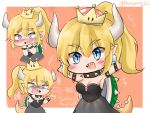  !? +++ ... 2girls \o/ arms_up bangs black_choker black_dress blonde_hair blue_eyes blush border bowser bowsette bracelet breasts brooch chibi choker cleavage crown dress earrings eyebrows_visible_through_hair fangs genderswap genderswap_(mtf) hand_to_own_mouth highres honyang horns jewelry super_mario_bros. multiple_girls multiple_views new_super_mario_bros._u_deluxe nintendo nose_blush orange_background outstretched_arms pointy_ears ponytail princess_peach shell sidelocks spiked_bracelet spiked_choker spiked_tail spikes spoken_ellipsis strapless strapless_dress super_crown super_mario_bros. tail turtle_shell twitter_username white_border 
