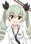  1girl 2018 :d anchovy anzio_school_uniform bangs black_neckwear black_ribbon blush breasts brown_eyes character_name collarbone collared_shirt commentary_request drill_hair eyebrows_visible_through_hair flipper girls_und_panzer green_hair hair_between_eyes hair_ribbon happy_birthday head_tilt italian_flag long_hair necktie open_mouth ribbon shirt sidelocks simple_background small_breasts smile solo twin_drills twintails v-shaped_eyebrows white_background white_shirt 