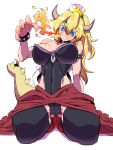  1girl arm_support black_leotard blonde_hair blue_eyes borrowed_design bowser bowsette bracelet breasts choker crown evil_smile genderswap genderswap_(mtf) high_heels highres horns jewelry jin_(mugenjin) kneeling large_breasts leotard long_skirt super_mario_bros. new_super_mario_bros._u_deluxe nintendo sharp_teeth simple_background skirt smile solo spiked_armlet spiked_bracelet spiked_choker spiked_shell spiked_tail spikes super_crown super_mario_bros. tail teeth white_background 