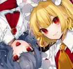  2girls :d ascot bangs bat_wings blonde_hair blue_hair blush brooch commentary_request daimaou_ruaeru dress eyebrows_visible_through_hair eyes_visible_through_hair fangs flandre_scarlet frilled_shirt_collar frills hair_between_eyes hat hat_ribbon highres jewelry lips looking_at_viewer mob_cap multiple_girls open_mouth puffy_short_sleeves puffy_sleeves red_eyes red_neckwear red_ribbon red_sash red_vest remilia_scarlet ribbon sash short_sleeves siblings simple_background sisters slit_pupils smile touhou upper_body upside-down vest white_background white_dress white_hat wings yellow_neckwear 