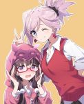  2girls ;) bangs black_skirt blue_eyes blush brown_hair bunny_ears_prank closed_mouth commentary_request earrings eyebrows_visible_through_hair fate/grand_order fate_(series) glasses hair_between_eyes hair_bobbles hair_ornament hood hood_up hoodie jewelry long_sleeves low_twintails miyamoto_musashi_(fate/grand_order) multiple_girls one_eye_closed open_mouth orange_background osakabe-hime_(fate/grand_order) outline pink_hair pink_hoodie pleated_skirt ponytail red-framed_eyewear semi-rimless_eyewear shirt simple_background skirt sleeves_pushed_up smile sweat sweater_vest tsuedzu twintails under-rim_eyewear violet_eyes white_outline white_shirt 