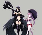  2girls absurdres albedo alternate_costume armor bikini_armor black_hair breasts cleavage demon_girl demon_horns demon_wings full_body grey_background highres horns jewelry large_breasts midriff monster_girl multiple_girls navel necklace nora_kaato overlord_(maruyama) pale_skin purple_hair red_eyes scythe shalltear_bloodfallen simple_background small_breasts umbrella undead vampire white_skin wings yellow_eyes 