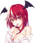  1girl :p bangs bare_shoulders between_breasts blush breasts cleavage collarbone commentary_request demon_wings eyebrows_visible_through_hair finger_to_tongue hair_between_eyes hand_up head_tilt head_wings highres koakuma koissa large_breasts long_hair long_sleeves looking_at_viewer mole mole_under_eye nail_polish necktie necktie_between_breasts off_shoulder red_eyes red_nails red_neckwear redhead shiny shiny_skin shirt simple_background single_sidelock smile solo sweat tongue tongue_out touhou upper_body white_background white_shirt wings 