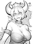  1girl bare_shoulders bowser bowsette bracelet breasts collar crown dress genderswap genderswap_(mtf) gudobe7 highres horns jewelry large_breasts super_mario_bros. monochrome new_super_mario_bros._u_deluxe nintendo ponytail spiked_bracelet spiked_collar spikes super_crown super_mario_bros. 