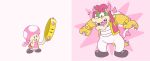  1boy 1girl :o armlet artist_request black_footwear bowser bracelet drawfag genderswap genderswap_(ftm) highres horns jewelry super_mario_bros. nail_polish new_super_mario_bros._u_deluxe nintendo pants pink_background pink_hair pink_nails pun short_twintails spiked_armlet spiked_bracelet spikes standing tail thick_eyebrows toadette transformation twintails white_pants 