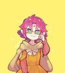  +_+ 1girl absurdres artist_name cloak closed_mouth dress fa facial_mark fire_emblem fire_emblem:_fuuin_no_tsurugi fire_emblem_heroes forehead_mark glasses green_eyes highres lazymimium long_sleeves mamkute nintendo pointy_ears purple_hair short_hair simple_background smile solo yellow_background 
