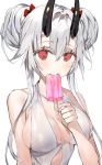  1girl alternate_hairstyle breasts cleavage collarbone commentary_request double_bun eating fate/grand_order fate_(series) food hair_between_eyes hair_ribbon hair_up highres large_breasts looking_at_viewer no_pupils one-piece_swimsuit oni_horns popsicle red_eyes red_ribbon ribbon silver_hair sketch solo swimsuit tomoe_gozen_(fate/grand_order) upper_body white_background white_swimsuit yuuko_(030_yuko) 
