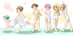  1girl 6+boys :d ^_^ akita_toushirou aqua_hair blonde_hair blue_eyes boxers brown_eyes brown_hair child closed_eyes convenient_censoring hirano_toushirou houchou_toushirou ichigo_hitofuri maeda_toushirou male_focus midare_toushirou multiple_boys naked_towel nude omusubi_(umi0707) open_mouth pink_hair rubber_duck running smile time_paradox touken_ranbu towel underwear younger 