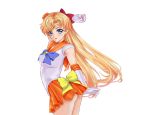  1girl arion_canvas arm_up bishoujo_senshi_sailor_moon blonde_hair blue_bow blue_eyes bow bowtie choker collarbone elbow_gloves floating_hair from_side gloves hair_bow long_hair looking_at_viewer miniskirt orange_skirt parted_lips pleated_skirt red_bow sailor_collar sailor_senshi_uniform sailor_venus shirt short_sleeves skirt solo standing transparent_background very_long_hair white_gloves white_shirt yellow_bow 