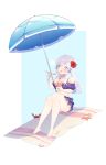  1girl absurdres artist_name barefoot beach_umbrella crab eating fire_emblem fire_emblem:_three_houses flower hair_flower hair_ornament highres holding holding_spoon inkanii long_hair lysithea_von_ordelia open_mouth pink_eyes sitting solo spoon starfish swimsuit towel umbrella white_hair 