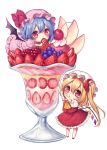  2girls arms_up ascot bangs bat_wings blue_hair blush cherry chibi commentary_request crystal cup dress drinking_glass flandre_scarlet food fruit grapes hair_between_eyes hat hat_ribbon holding holding_fruit ice_cream kyouda_suzuka long_hair looking_at_viewer looking_up lying minigirl mob_cap multiple_girls on_stomach one_side_up parted_lips petticoat pink_dress pink_hat puffy_short_sleeves puffy_sleeves raspberry red_eyes red_footwear red_ribbon red_skirt red_vest remilia_scarlet ribbon shirt shoes short_hair short_sleeves siblings simple_background sisters skirt standing strawberry sundae touhou vest white_background white_hat white_shirt wings yellow_neckwear 