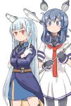  2girls black_gloves black_legwear black_neckwear blue_eyes blue_hair blue_sailor_collar blue_skirt commentary_request cosplay costume_switch cowboy_shot crest dress enjaku_izuku fingerless_gloves fish gloves gotland_(kantai_collection) gotland_(kantai_collection)_(cosplay) hair_bun hair_ribbon half_gloves headgear highres kantai_collection long_hair long_sleeves military military_uniform mole mole_under_eye multiple_girls murakumo_(kantai_collection) murakumo_(kantai_collection)_(cosplay) necktie orange_eyes pantyhose polearm red_neckwear ribbon sailor_collar sailor_dress sidelocks silver_hair skirt spear thighband_pantyhose tress_ribbon uniform weapon white_gloves 