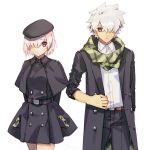  1boy 1girl buttons casual closed_mouth commentary_request eyebrows_visible_through_hair fate/grand_order fate_(series) galahad_(fate) goya_(xalbino) hair_between_eyes hair_over_one_eye hat jacket mash_kyrielight open_clothes open_jacket pink_hair pocket scarf short_hair simple_background spiky_hair violet_eyes white_background white_hair yellow_eyes 