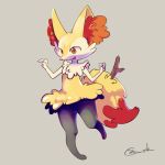  1girl animal_ear_fluff animal_ears animal_nose artist_name black_fur body_fur braixen commentary_request flat_chest fox_ears fox_girl fox_tail full_body fur_collar furry furry_female grey_background hands_up happy highres leg_up looking_down open_mouth pokemon pokemon_(creature) red_eyes signature simple_background smile snout solo standing standing_on_one_leg stick tail white_fur yellow_fur zigrock 