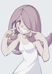  1girl bare_shoulders breasts collarbone commentary_request dress eyeshadow hair_over_one_eye half-closed_eyes highres little_witch_academia long_hair looking_at_viewer makeup pale_skin pink_hair pointing pointing_at_self popopo red_eyes sharp_teeth simple_background small_breasts smile solo sucy_manbavaran teeth upper_body white_background white_dress 