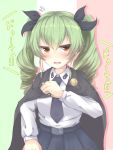  1girl anchovy black_cape black_ribbon blue_neckwear blue_skirt blush cape commentary_request drill_hair eyebrows_visible_through_hair girls_und_panzer green_hair hair_ribbon highres italian_flag long_hair looking_to_the_side necktie open_mouth red_eyes ribbon shirt skirt solo translated tsubu_c twin_drills twintails wavy_mouth white_shirt 