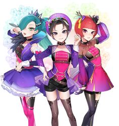  3girls absurdres aqua_hair bangs bare_shoulders belt black_gloves black_hair black_legwear blunt_bangs casey_(shining_star) choker crown curie_(shining_star) dress gloves green_eyes hair_over_one_eye hand_on_hip hat highres jay_(shining_star) long_hair looking_at_viewer multiple_girls navel ohisashiburi open_mouth pink_legwear ponytail redhead see-through shining_star short_hair shorts skirt smile teeth thigh-highs tiara very_long_hair violet_eyes 