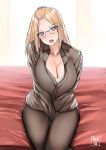  1girl absurdres artist_name bed_sheet bespectacled between_legs blonde_hair blue_eyes blush breasts camisole cleavage collarbone collared_shirt commentary english_commentary eyebrows_visible_through_hair facing_viewer glasses hair_pulled_back hand_between_legs highres large_breasts long_hair long_sleeves looking_at_viewer norman_maggot open_mouth original pantyhose shirt sitting sweatdrop teacher unbuttoned 