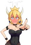  1girl angry blonde_hair blue_eyes blush bowser bowsette breasts cleavage covered_navel crown dress ear_blush earrings embarrassed fang glaring hand_on_hip highres jewelry large_breasts looking_at_viewer nail_polish new_super_mario_bros._u_deluxe pointing pointy_ears ponytail simple_background solo spiked strapless strapless_dress super_mario the_only_shoe wavy_mouth white_background wide-eyed 