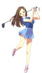  1girl alternate_costume breasts brown_hair commentary_request golf_club hair_ornament hairclip long_hair looking_at_viewer murata_tefu open_mouth skirt smile solo sophia_esteed star_ocean star_ocean_till_the_end_of_time white_background 