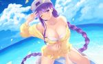  1girl backwards_hat bangs bare_shoulders baseball_cap bb_(fate)_(all) bb_(swimsuit_mooncancer)_(fate) bikini blue_sky blush breasts cait cleavage closed_mouth clouds collarbone fate/extra fate/extra_ccc fate/grand_order fate_(series) hand_gesture hand_up hat highres horizon jacket large_breasts licking_lips long_braid long_hair looking_at_viewer midriff navel ocean off_shoulder one_eye_closed shirt sideways_hat sitting skirt sky smile solo star_hat_ornament swimsuit thighs tongue tongue_out v very_long_hair waist wariza white_bikini_top white_footwear yellow_jacket yellow_skirt 
