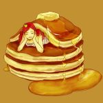  1girl brown_background butter closed_eyes crown food head_rest in_food long_hair original pancake redhead simple_background smile solo stack_of_pancakes syrup ukako 