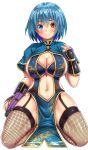  1girl alternate_costume bangs blue_capelet blue_dress blue_eyes blue_hair blush breasts capelet china_dress chinese_clothes cleavage closed_umbrella commentary_request dress ebi_193 eyebrows_visible_through_hair fishnet_legwear fishnets full_body garter_straps hair_between_eyes hand_up heterochromia large_breasts leaf_print looking_at_viewer navel pelvic_curtain purple_umbrella red_eyes seiza shiny shiny_skin short_hair simple_background sitting smile solo stomach tatara_kogasa thigh-highs thighs touhou umbrella vambraces white_background 