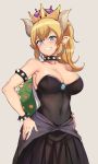  1girl alp armlet bare_shoulders black_dress blonde_hair blue_eyes bowser bowsette bracelet breasts collar covered_navel crown dress genderswap genderswap_(mtf) highres horns jewelry large_breasts long_hair looking_at_viewer super_mario_bros. new_super_mario_bros._u_deluxe nintendo ponytail shiny shiny_hair shiny_skin simple_background solo spiked_bracelet spiked_collar spikes standing strapless strapless_dress super_crown tail turtle_shell 