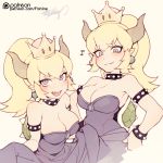  2girls arm_garter bare_shoulders black_dress blonde_hair blue_eyes bowser bowsette bracelet breasts cleavage collar commentary_request crown dress dual_persona earrings eyebrows_visible_through_hair fang fishine genderswap genderswap_(mtf) highres horns jewelry large_breasts looking_at_viewer super_mario_bros. multiple_girls musical_note new_super_mario_bros._u_deluxe nintendo open_mouth patreon_username ponytail short_hair signature smile spiked_bracelet spiked_collar spikes 