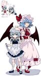  2girls angry annoyed apron arm_on_head ascot bat_wings black_bow black_ribbon blue_dress bow braid brooch clenched_teeth dress dual_wielding frilled_shirt_collar frills hair_between_eyes hair_ribbon hat hat_ribbon high_heels highres himajinsan0401 holding holding_knife inset izayoi_sakuya jewelry kneehighs knife layered_clothing light_blue_hair looking_at_viewer maid maid_apron maid_headdress mary_janes mob_cap multiple_girls open_mouth pink_hat pink_legwear pink_shirt pink_skirt puffy_short_sleeves puffy_sleeves red_eyes red_footwear red_neckwear remilia_scarlet ribbon shirt shoes short_hair short_sleeves silver_hair skirt smile socks sparkle standing teeth throwing_knife touhou translated twin_braids weapon white_background white_dress wings wrist_cuffs younger 