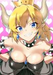  1girl bare_shoulders black_dress blonde_hair blue_eyes blush borrowed_character bowser bowsette bracelet breasts choker collar collarbone commentary_request covered_nipples crown dress earrings eyebrows_visible_through_hair from_above genderswap genderswap_(mtf) grin hair_between_eyes hands_on_hips horns jewelry large_breasts looking_at_viewer super_mario_bros. new_super_mario_bros._u_deluxe nintendo pointy_ears ponytail sharp_teeth shell sleeveless sleeveless_dress smile solo studded_bracelet studded_collar teeth yuto_(dialique) 