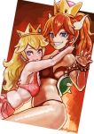  2girls abazu-red blonde_hair blue_eyes blush bowser bowsette crown fire looking_at_viewer super_mario_bros. multiple_girls navel nintendo panties ponytail princess_peach red_eyes redhead smile super_mario_bros. underwear yuri 