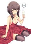  1girl :d alcohol azur_lane bare_arms bare_shoulders black_choker blush breasts brown_eyes brown_hair brown_legwear champagne champagne_flute choker collarbone commentary_request cosplay cup dress drinking_glass kantai_collection long_hair looking_at_viewer namesake open_mouth rasahan red_dress short_hair sitting sleeveless sleeveless_dress small_breasts smile solo spoken_sweatdrop sweatdrop taihou_(azur_lane) taihou_(azur_lane)_(cosplay) taihou_(kantai_collection) thigh-highs wine_glass yokozuwari 