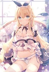  1girl 6u_(eternal_land) absurdres bangs blonde_hair blue_eyes blush bow bow_panties breasts bubble cleavage collarbone detached_collar dress eyebrows_visible_through_hair flower gloves hair_bow highres indoors leaf long_hair looking_at_viewer medium_breasts navel panties parted_lips pillow plant short_sleeves side-tie_panties sidelocks sitting solo stuffed_animal stuffed_bunny stuffed_toy underwear white_gloves white_legwear window 