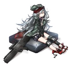  1girl assault_rifle bangs between_legs boots flat_cap g11 g11_(girls_frontline) girls_frontline green_hat green_jacket green_shorts grey_eyes grey_hair gun hair_between_eyes hand_between_legs hat jacket kazana_(sakuto) long_hair long_sleeves looking_at_viewer object_namesake parted_lips red_footwear rifle shadow shirt short_shorts shorts sideways_hat simple_background sitting solo very_long_hair weapon white_background white_shirt 