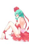  1girl ankle_ribbon ass bare_back bare_shoulders barefoot blush breast_suppress breasts clothes_down commentary erect_nipples frills green_eyes green_hair hair_ribbon highres kagiyama_hina large_breasts looking_at_viewer neck_ribbon non_(z-art) off_shoulder ribbon simple_background touhou undressing white_background 